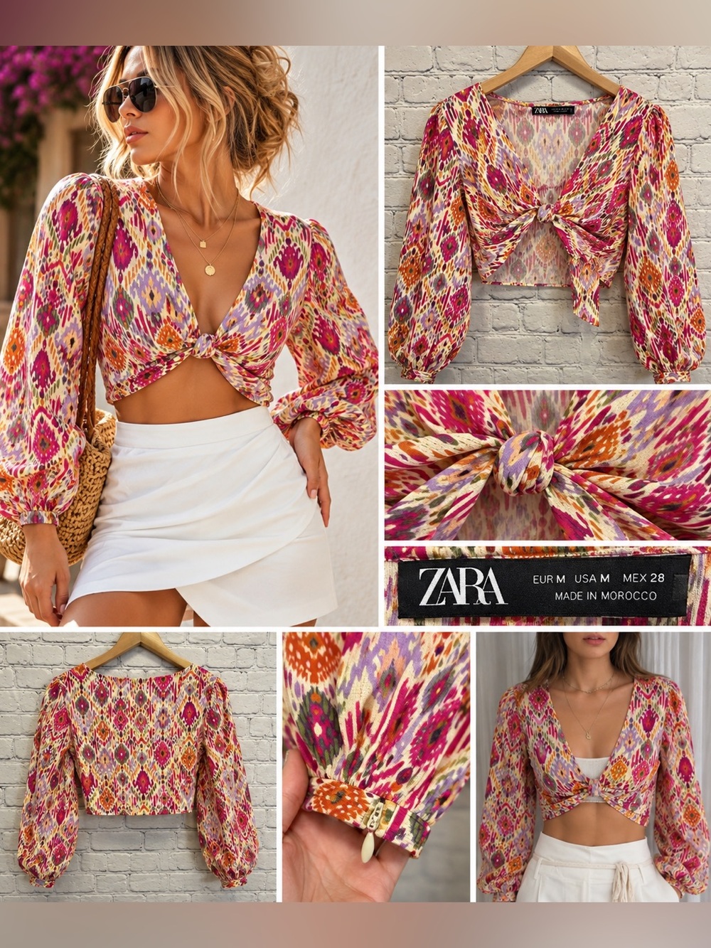 Zara Boho Ikat Tie Front Balloon Sleeve Crop Top Size M